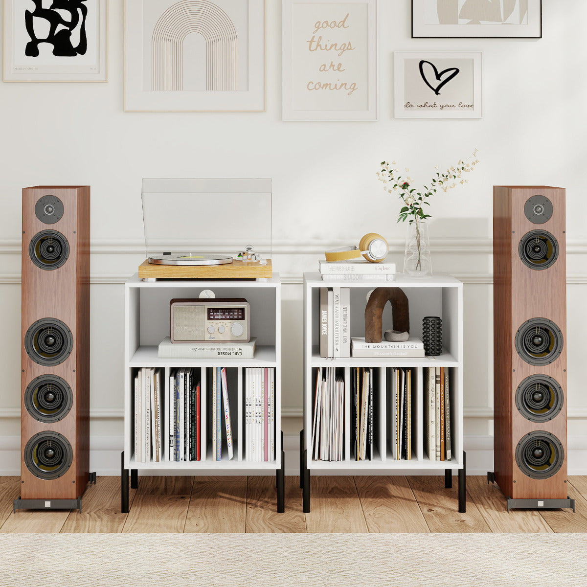 Record Player Stand Turntable Stand with Charging Station-White