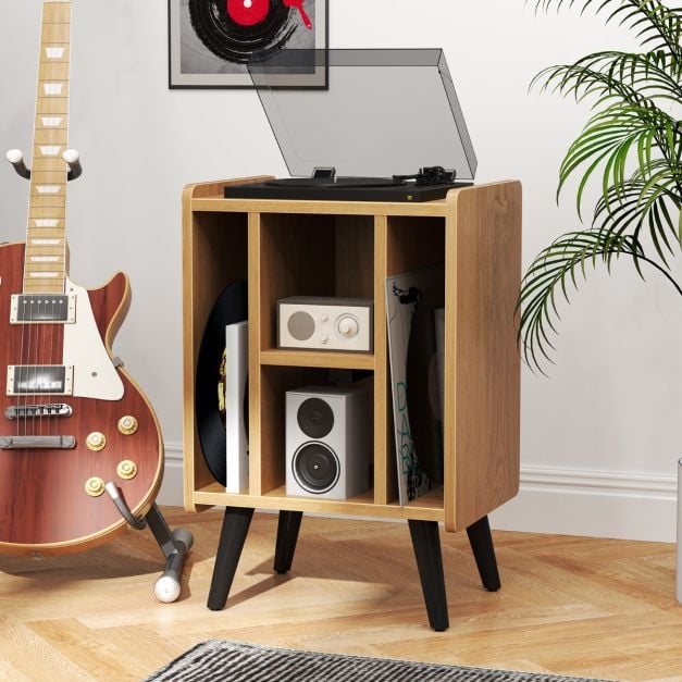 Record Player Stand with 4 Open Shelves Power Outlet USB Charging Port-Natural
