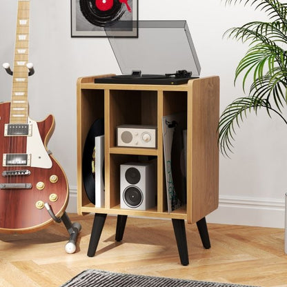 Record Player Stand with 4 Open Shelves Power Outlet USB Charging Port-Natural