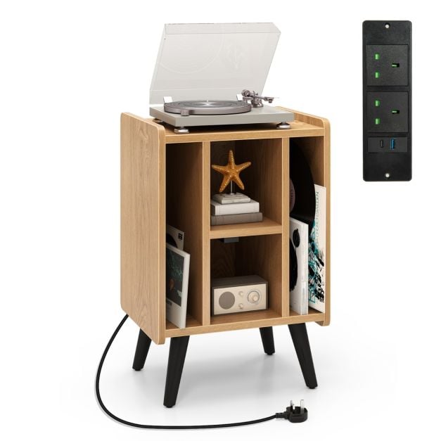Record Player Stand with 4 Open Shelves Power Outlet USB Charging Port-Natural