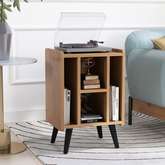 Record Player Stand with 4 Open Shelves Power Outlet USB Charging Port-Natural