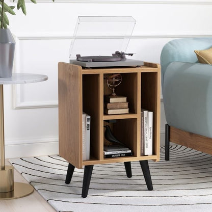 Record Player Stand with 4 Open Shelves Power Outlet USB Charging Port-Natural