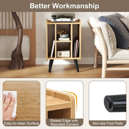 Record Player Stand with 4 Open Shelves Power Outlet USB Charging Port-Natural