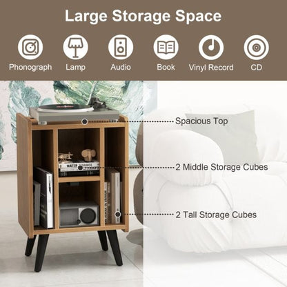 Record Player Stand with 4 Open Shelves Power Outlet USB Charging Port-Natural