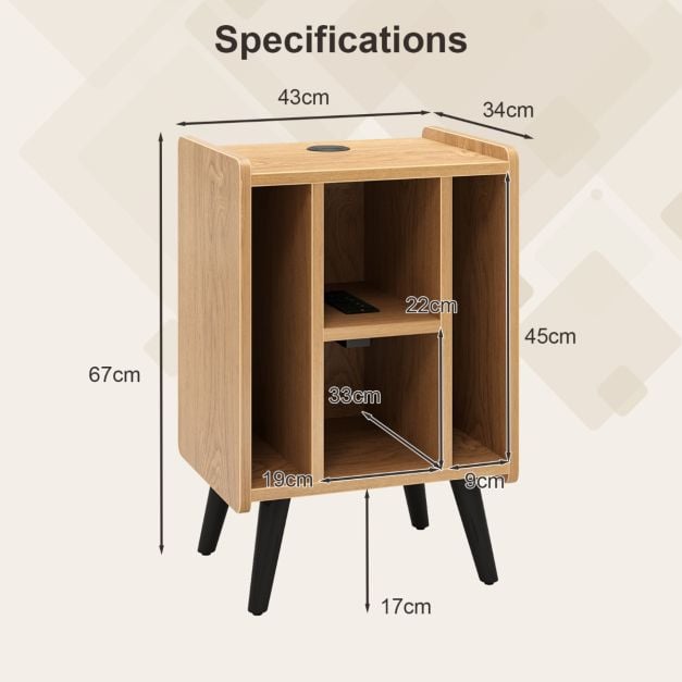Record Player Stand with 4 Open Shelves Power Outlet USB Charging Port-Natural