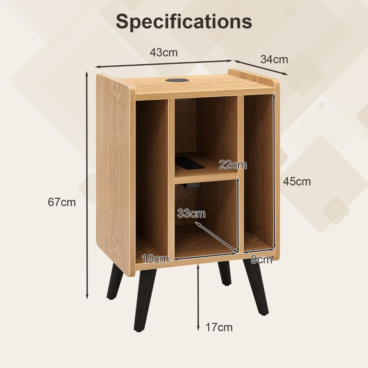 Record Player Stand with 4 Open Shelves Power Outlet USB Charging Port-Natural
