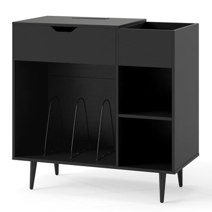 Record Player Stand with Built-In Power Strip and 3 Dividers-Black