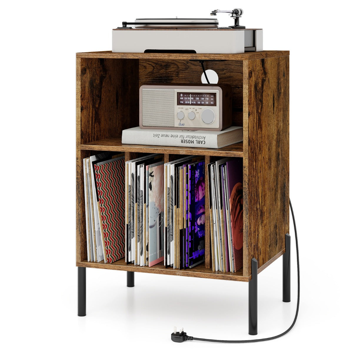 Record Player Stand with Charging Station and 5 Storage Compartments-Brown
