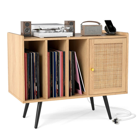 Record Player Stand with Charging Station Turntable Stand with Shelves and Adjustable Shelf-Natural
