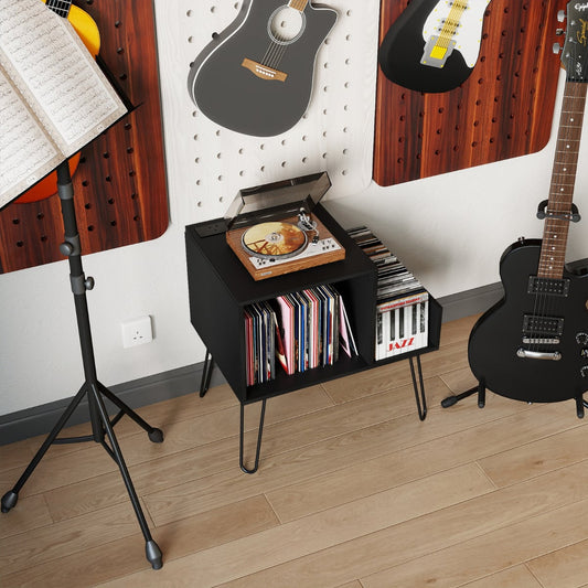 Record Player Stand with Power Outlet and Removable Dividers-Black