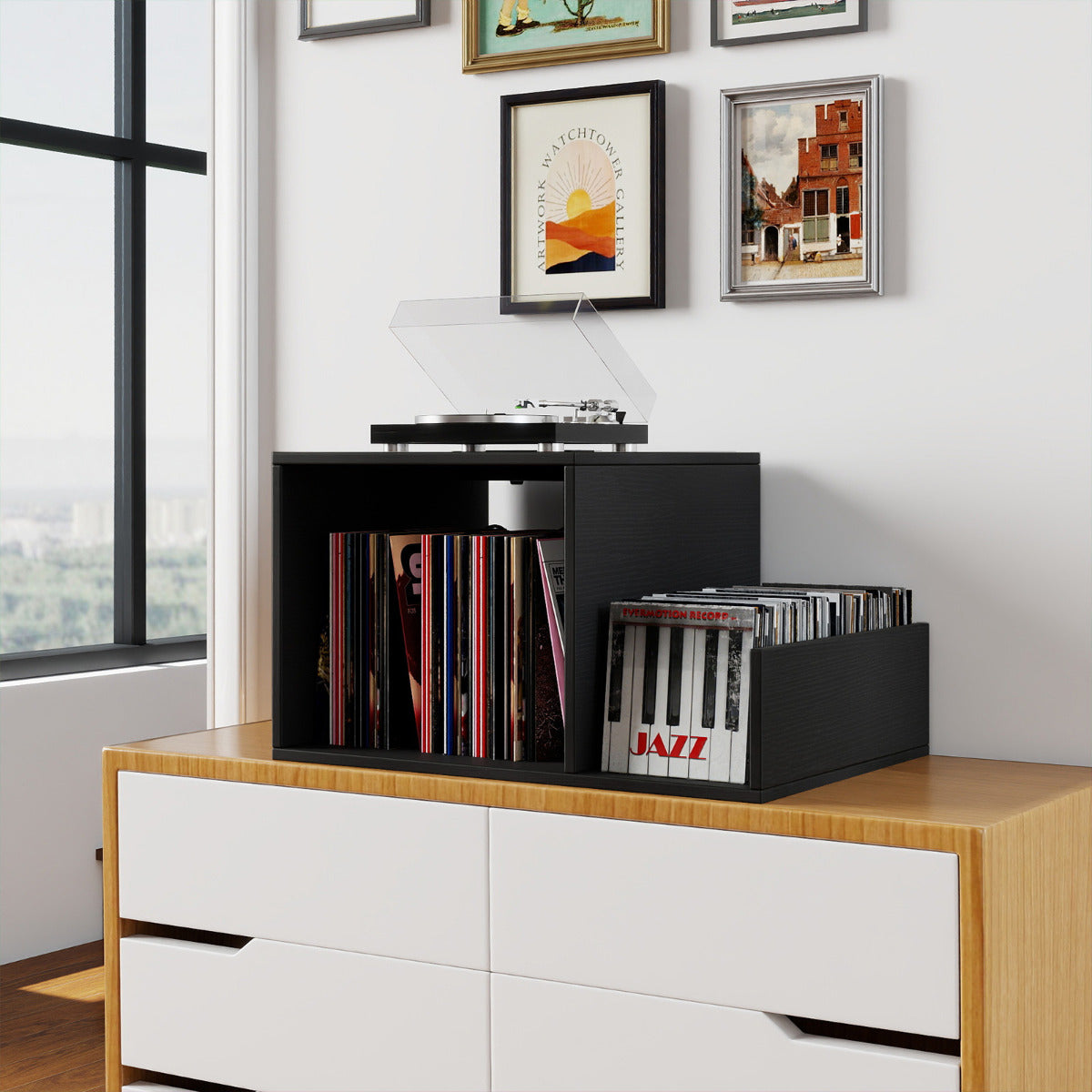 Record Player Stand with Power Outlet and Removable Dividers-Black