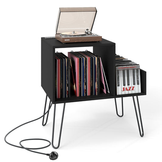 Record Player Stand with Power Outlet and Removable Dividers-Black