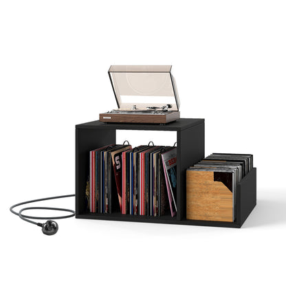 Record Player Stand with Power Outlet and Removable Dividers-Black