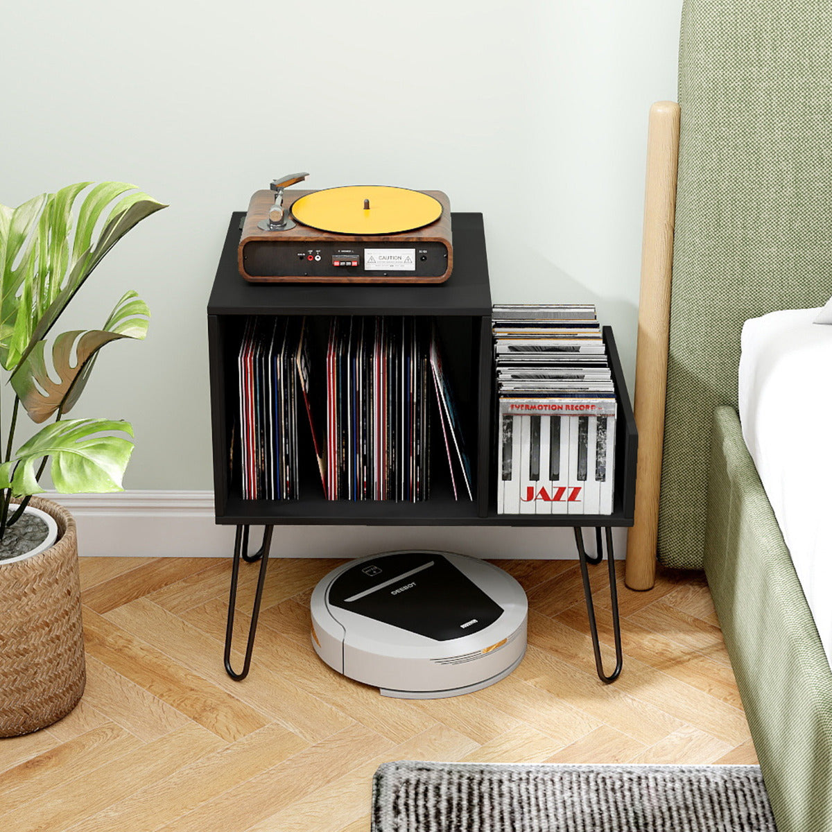 Record Player Stand with Power Outlet and Removable Dividers-Black