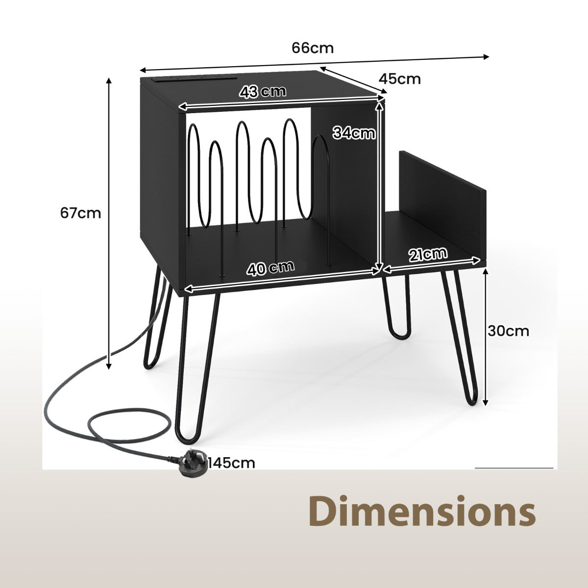 Record Player Stand with Power Outlet and Removable Dividers-Black
