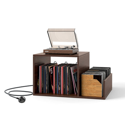 Record Player Stand with Power Outlet and Removable Dividers-Walnut