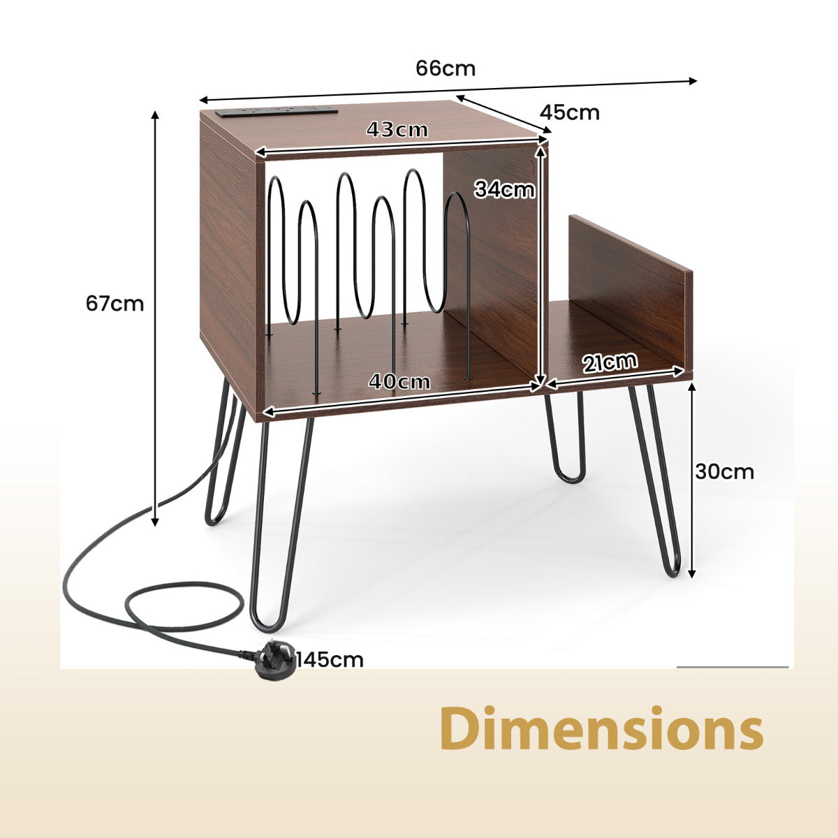 Record Player Stand with Power Outlet and Removable Dividers-Walnut