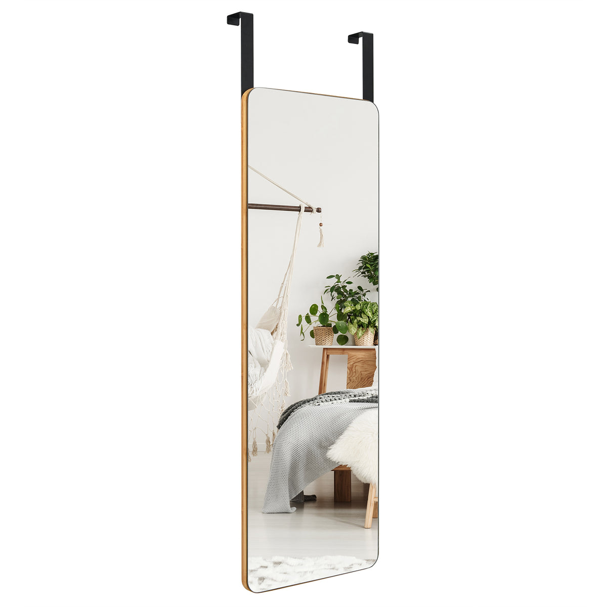 Rectangle Wall Mounted Mirror with Bamboo Frame and Round Corners-Natural