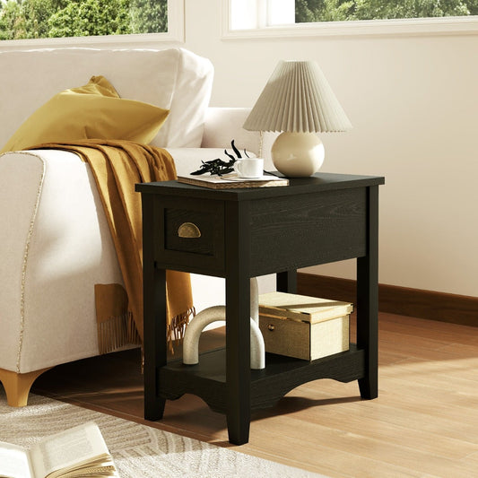 Rectangular Nightstand with 1 Drawer 1 Storing Shelf and 4 Solid Rubber wood Legs-Black