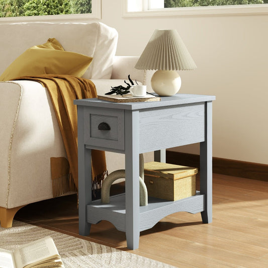 Rectangular Nightstand with 1 Drawer 1 Storing Shelf and 4 Solid Rubber wood Legs-Grey