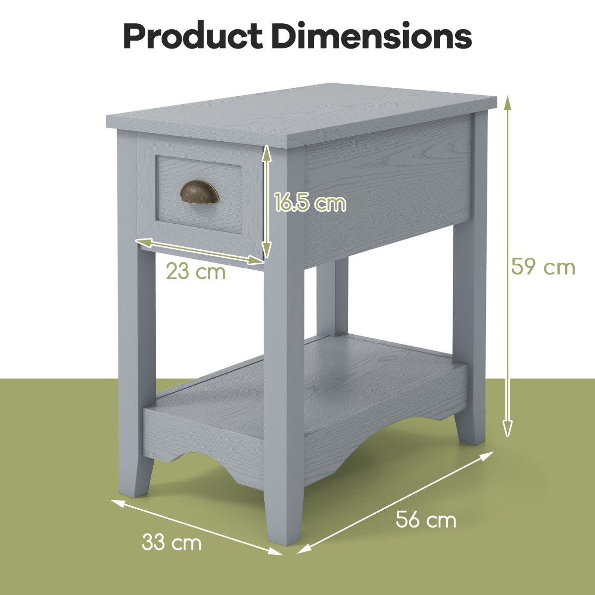 Rectangular Nightstand with 1 Drawer 1 Storing Shelf and 4 Solid Rubber wood Legs-Grey