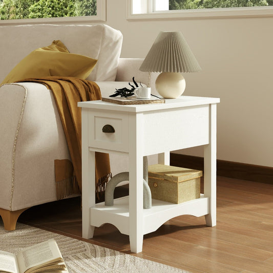 Rectangular Nightstand with 1 Drawer 1 Storing Shelf and 4 Solid Rubber wood Legs-White