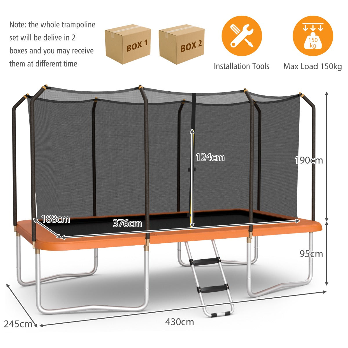 8 FT x 14 FT Rectangular Trampoline with Enclosure Net-Orange