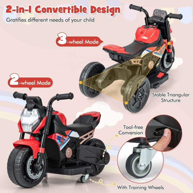 6V Kids Ride-on Motorcycle with 2-wheel/3-wheel Conversion &amp; Detachable Training Wheels-Red