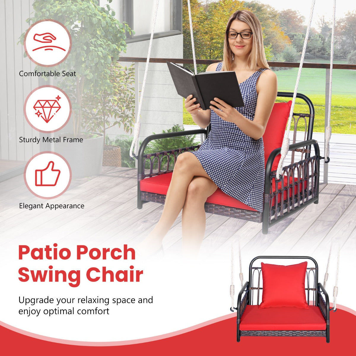 Hanging Porch Swing Chair with Back & Seat Cushion-Red