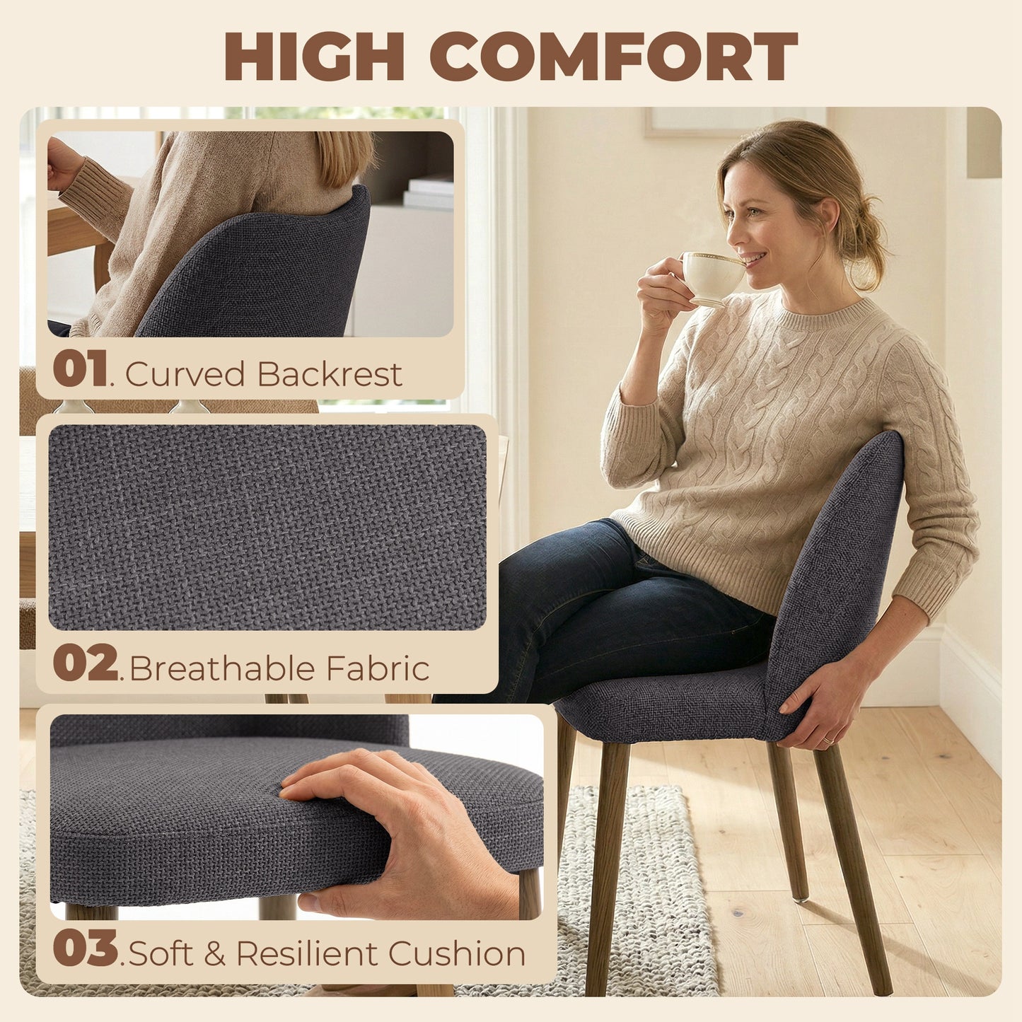 HOMCOM Dining Chairs Set of 2, Linen Upholstered Kitchen Chairs with Padded Seat, Curved Backrest, Rubberwood Legs, Dark Grey