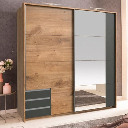 Amber Mirrored Sliding Wardrobe - Planked Oak and Graphite