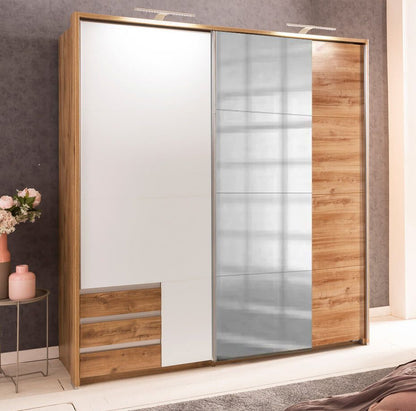 Amber Mirrored Sliding Wardrobe - Planked Oak and Graphite