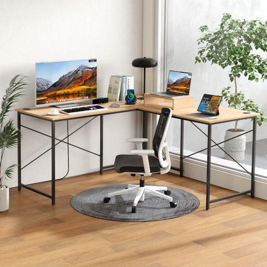 Reversible L-Shaped Desk with Built-in Power Strip and Removable Host Stand-Natural