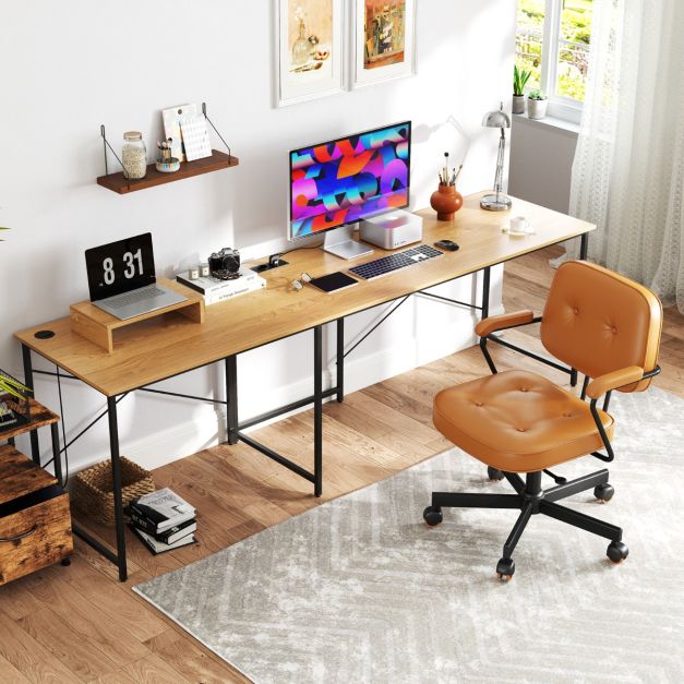 Reversible L-Shaped Desk with Built-in Power Strip and Removable Host Stand-Natural