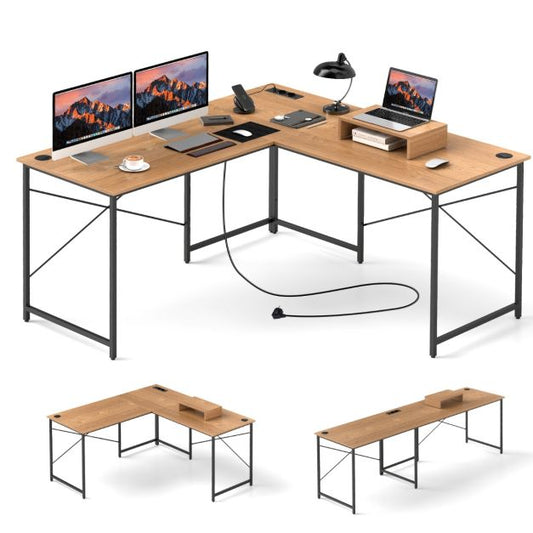Reversible L-Shaped Desk with Built-in Power Strip and Removable Host Stand-Natural