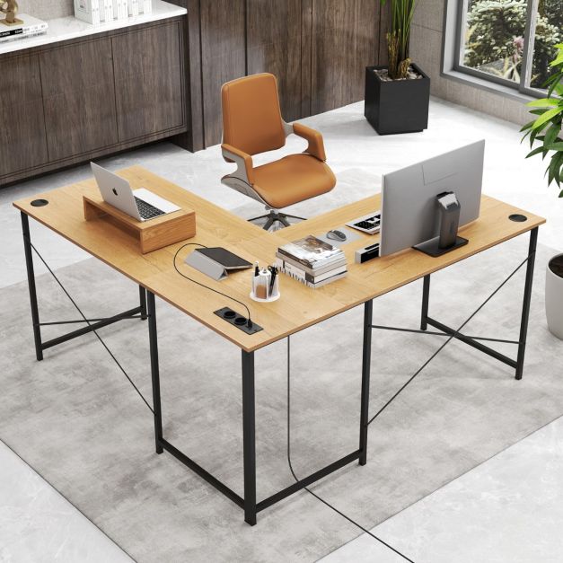 Reversible L-Shaped Desk with Built-in Power Strip and Removable Host Stand-Natural
