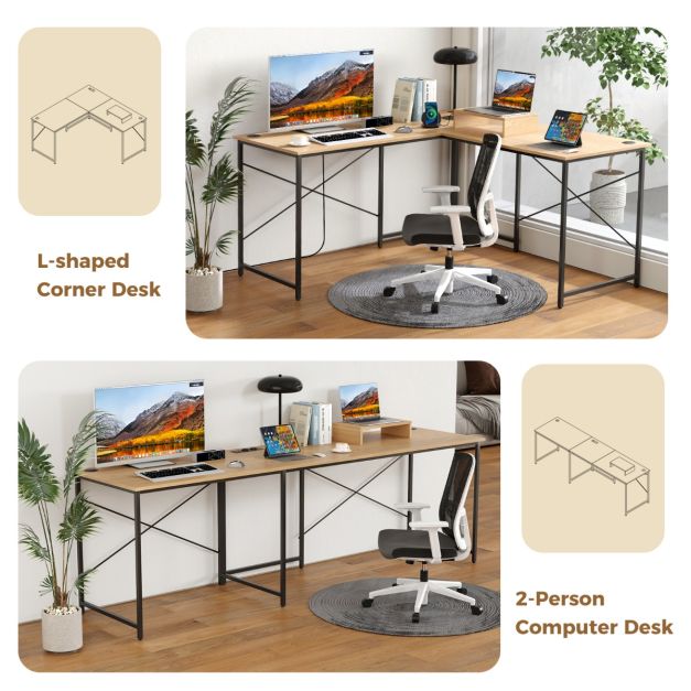 Reversible L-Shaped Desk with Built-in Power Strip and Removable Host Stand-Natural