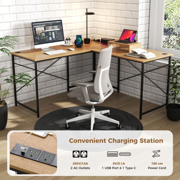 Reversible L-Shaped Desk with Built-in Power Strip and Removable Host Stand-Natural
