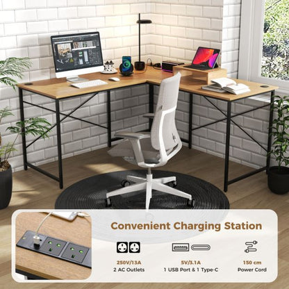Reversible L-Shaped Desk with Built-in Power Strip and Removable Host Stand-Natural