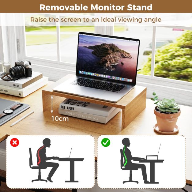 Reversible L-Shaped Desk with Built-in Power Strip and Removable Host Stand-Natural