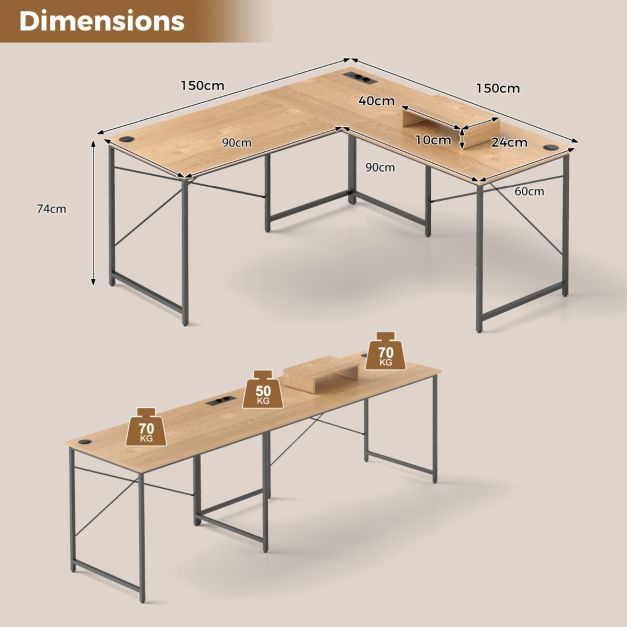 Reversible L-Shaped Desk with Built-in Power Strip and Removable Host Stand-Natural