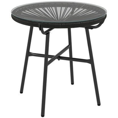 Outsunny Rattanowy stolik boczny, okrągły stolik kawowy do użytku na zewnątrz, z okrągłym blatem z PE Rattan i szkła hartowanego na patio, do ogrodu, na balkon, czarny