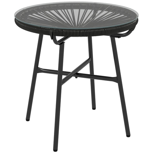 Outsunny Rattanowy stolik boczny, okrągły stolik kawowy do użytku na zewnątrz, z okrągłym blatem z PE Rattan i szkła hartowanego na patio, do ogrodu, na balkon, czarny