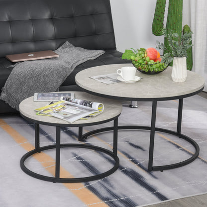 2 Piece Stacking Coffee Table Set w/ Steel Frame Marble-Effect Top Foot Pads Nest of Tables Storage Display Black/Grey