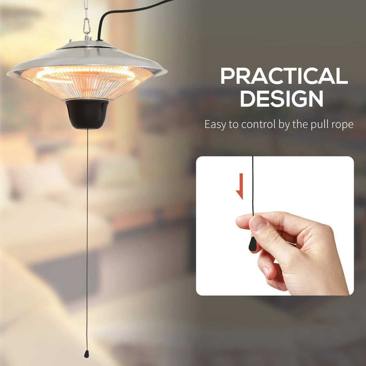 Outsunny 1500W Outdoor Heater Outdoor Ceiling Mounted Aluminium Halogen Electric Hanging Heating Light Pull Switch Control