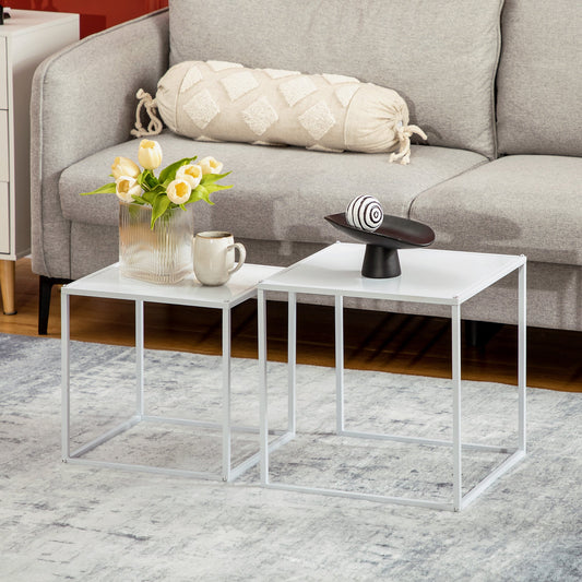 Zestaw 2 stolików kawowych HOMCOM Square Nesting, nowoczesny zestaw stolików, stoliki boczne do sofy ze stalową ramą do salonu, sypialni, małych pomieszczeń, biały