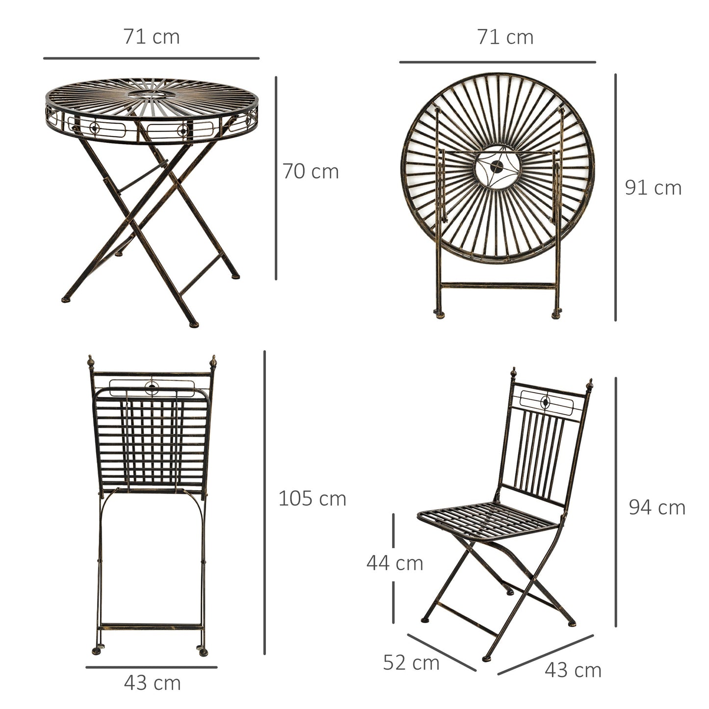 Outsunny 3 Piece Garden Bistro Set with 2 Folding Chairs and 1 Folding Table, Metal Frame for Lawn, Backyard and Porch, Bronze