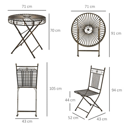 Outsunny 3 Piece Garden Bistro Set with 2 Folding Chairs and 1 Folding Table, Metal Frame for Lawn, Backyard and Porch, Bronze