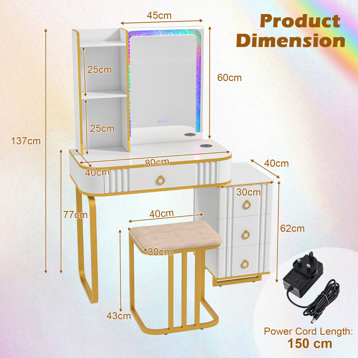 RGB LED Vanity Set with Mirror and Lights-White