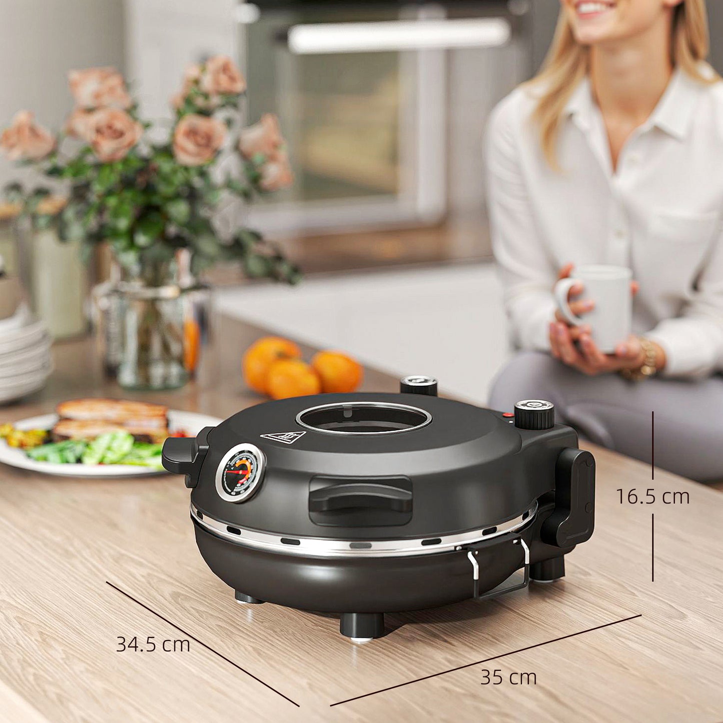 HOMCOM 1200W Pizza Oven, 12 Inch Electric Pizza Maker with Viewing Window, Dual Knob Temp & Timer Control, Overheat Protection, Black